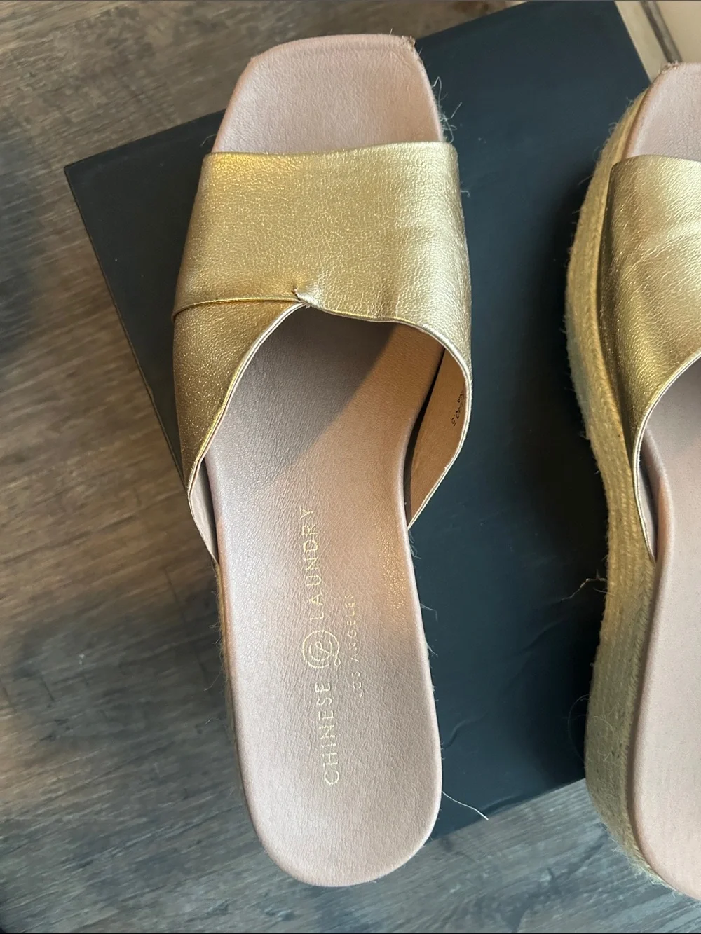 Chinese Laundry Gold Metallic Espadrille Platform Slide Sandals